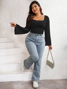 Flirla Plus Square Neck Trumpet Sleeve Tee - Black - View 3