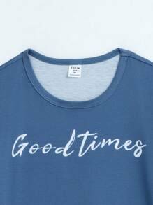 2 件組 Tween 男孩英文字母短袖 T 恤和褲子家居服套裝 - 霧霾藍 - 查看 5