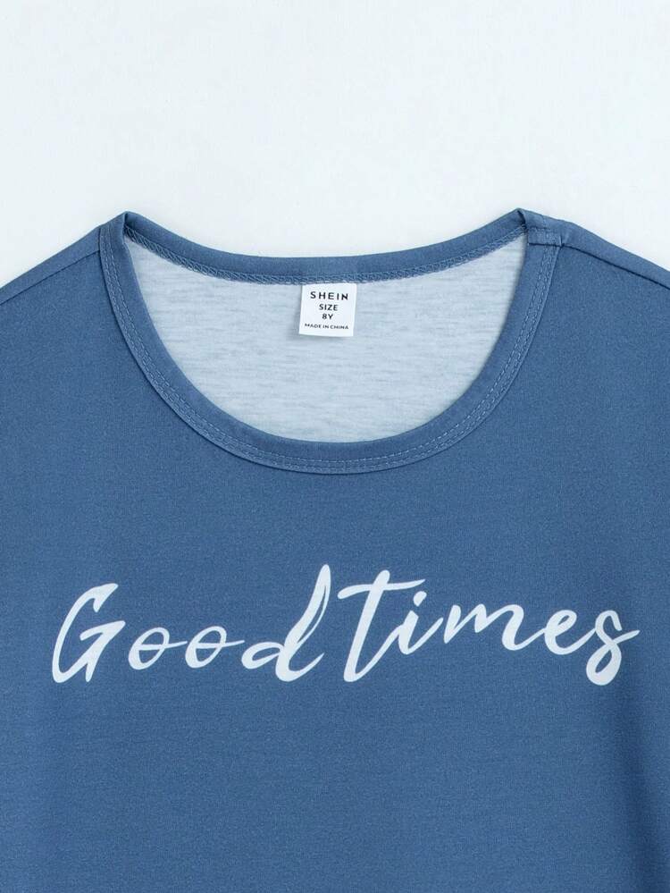 2pcs Tween Boys' English Letter Short Sleeve T-shirt And Pants Homewear Set