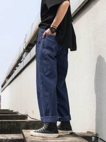 Manfinity Men Slant Pocket Straight Leg Jeans Without Belt - Dark Wash - View 3