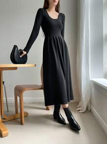 DAZY Chất rắn Scoop Cổ Đầm Áo len - màu đen - Xem 5