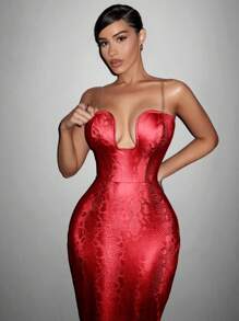 SHEIN SXY In Da rắn Da giả Dệt hoa Váy bodycon Năm mới Đêm trước Buổi tiệc Gợi cảm - Đỏ - Xem 5