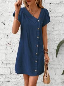 SHEIN LUNE Cổ không đối xứng Tay áo cánh hoa Chi tiết Nút Đầm - Rửa tối - Xem 6