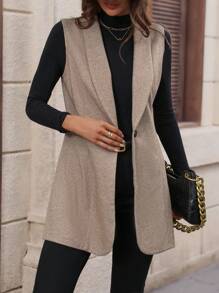 SHEIN Essnce 人字形印花青果領單釦背心大衣 - 彩色 - 查看 1