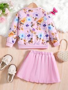 SHEIN Young Girl Floral Print Sweatshirt & Pleated Skirt - Pink - View 2