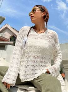 SHEIN Unity Solid Drop Shoulder Pointelle Knit Pullover Fall Winter Sweater - Apricot - View 6
