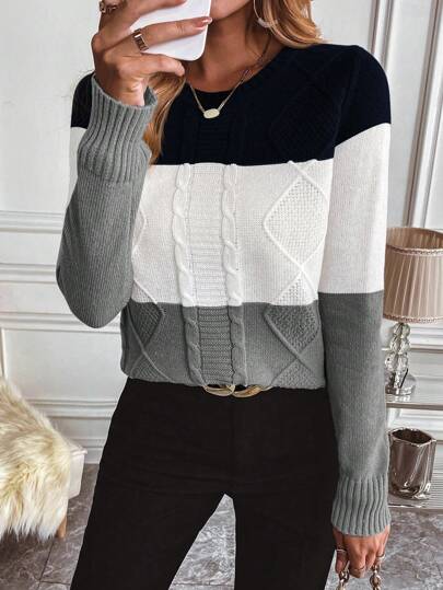 Calvaya Color Block Cable Knit Sweater Knit Pullover Fall Winter Outfit