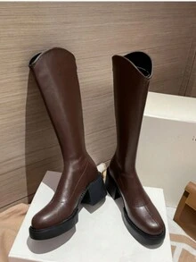 女性及膝靴厚高跟鞋防水台黑色/棕色的彈性緊身靴子帶後部拉鍊和V形鏤空 - 棕色 - 查看 3