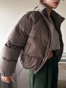 DAZY Áo khoác đệm tay raglan kéo khóa chắc chắn - Cà phê nâu - Xem 6