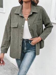 SHEIN Frenchy Drop Shoulder Flap Detail Coat - Olive Green - View 3