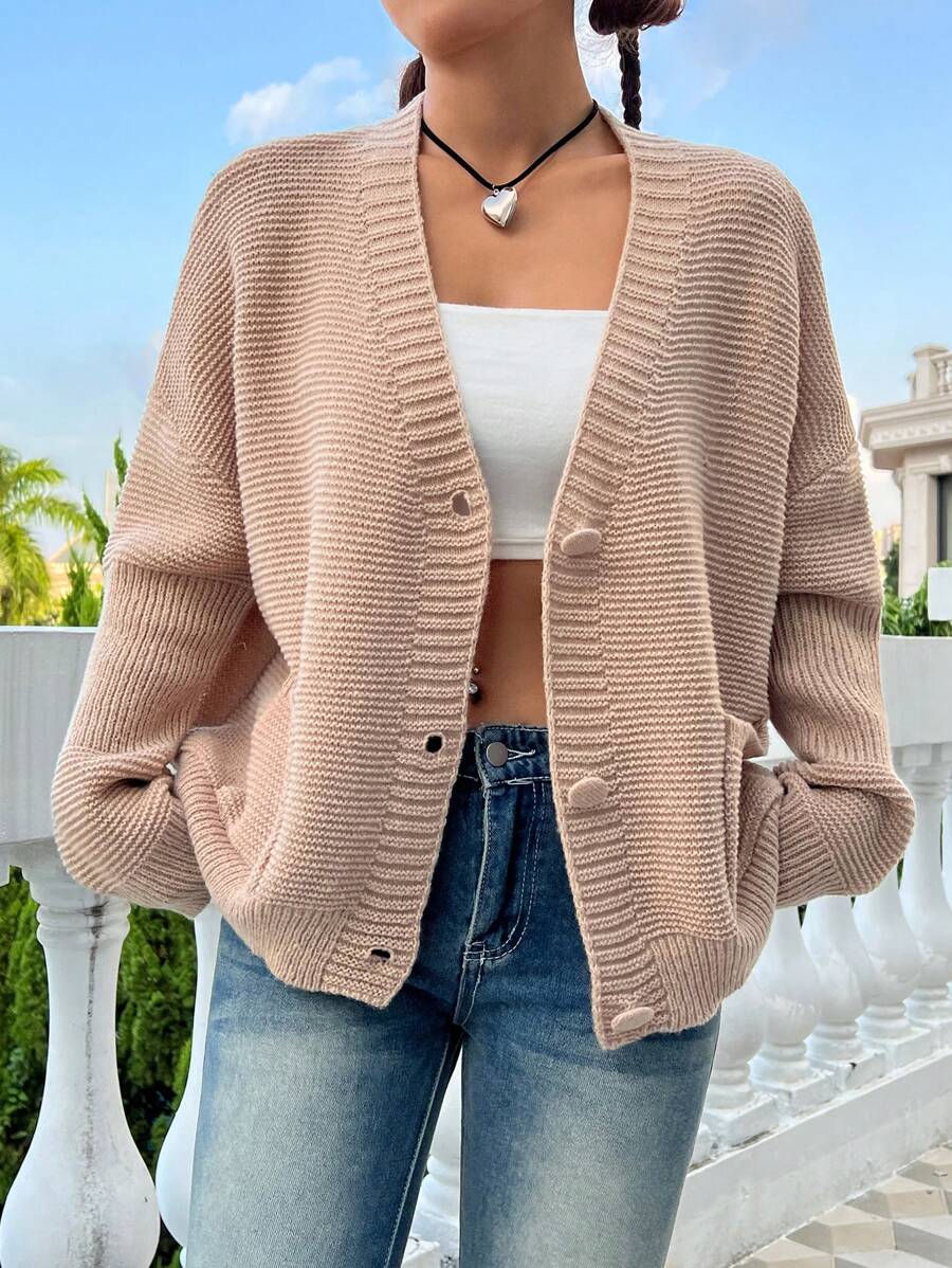 SHEIN Unity 落肩袖口袋貼布開襟衫 - 駝色 - 查看 1