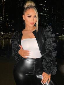 SHEIN SXY 貼花燈籠袖PU皮革夾克 - 黑色 - 查看 5