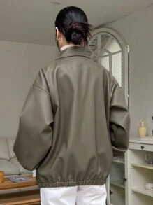 DAZY 落肩袖斜口袋PU皮革夾克 - 橄欖綠 - 查看 2