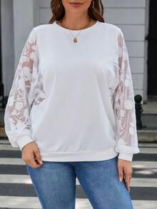 SHEIN LUNE 大碼蕾絲拼接運動衫 - 白色 - 查看 4
