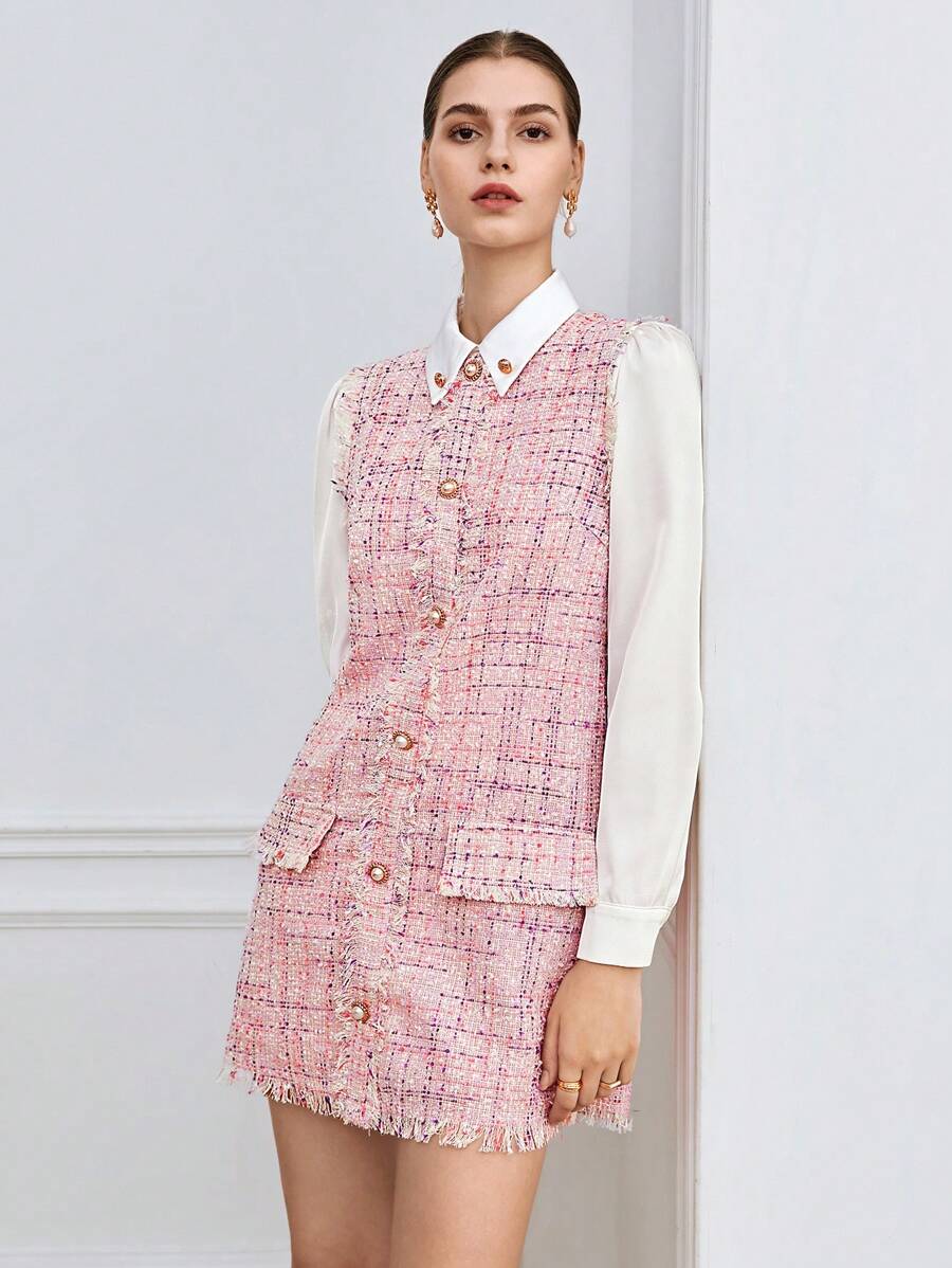 BizChic 格紋圖案毛邊緣前紐扣粗花呢洋裝不帶襯衫 - 藕粉色 - 查看 1