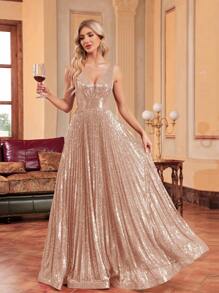 XUIBOL Plunging Neck Sequin Formal Dress