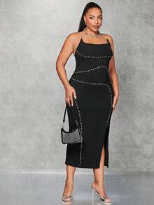 SHEIN BAE 大碼水鑽細節高衩吊帶洋裝 - 黑色 - 查看 3