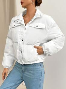 SHEIN X Antonella SHEIN Essnce Flap Pocket Drop Shoulder Padded Coat In Fall/Winter - White - View 3