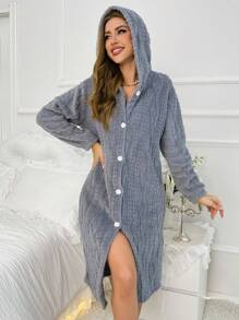 Button Through Flannel Lounge Robe, For Fall Winter - Dusty Blue - View 4