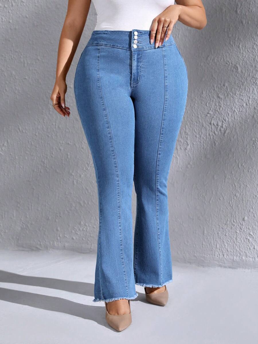 SHEIN LUNE Hơn Cắt Thô Quần ống loe - Rửa nhẹ - Xem 1