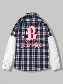 ROMWE MEN Street Life Men Slogan And Plaid Print 2 In 1 Long Sleeve Shirt - Blue - View 2