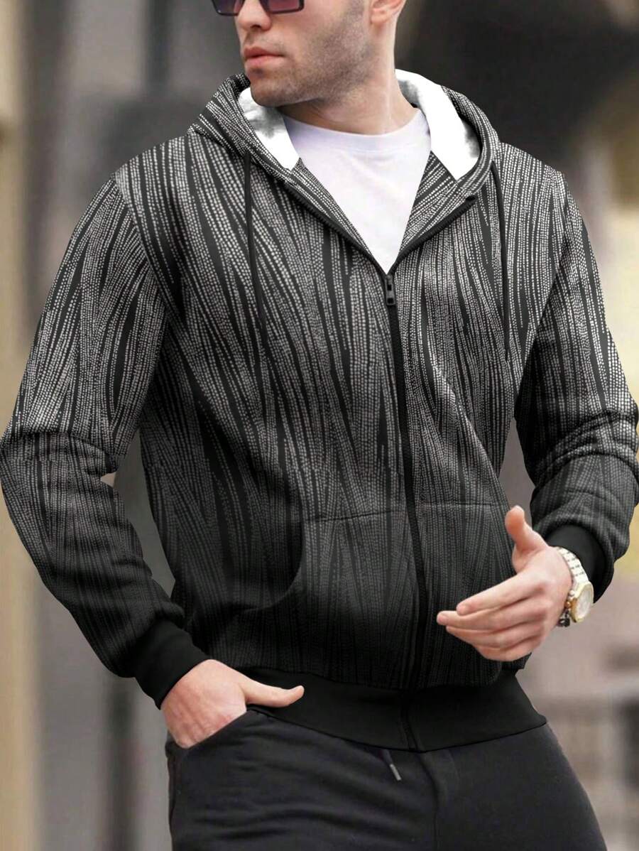 Manfinity Homme Men Plus Allover Print Zip Up Drawstring Hooded Jacket - Black - View 1