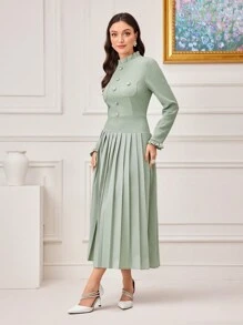 Modelyn Mock Neck Frill Trim Pleated Hem Dress - Green - View 4