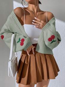 SHEIN Qutie 櫻桃圖案落肩袖開襟開衫 - 綠色 - 查看 3