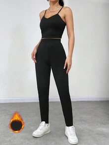 SHEIN Unity 素色吊帶上衣&緊身打底褲 - 黑色 - 查看 6