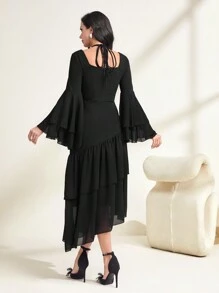 Modelyn Solid Long Flounce Sleeve Ruffle Hem Modest Dress Long Evening Dresses