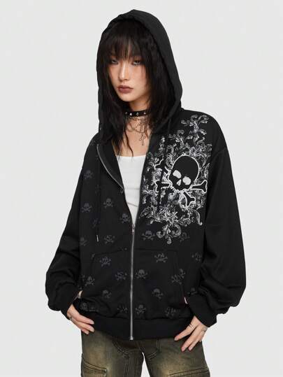 Skull Graphic Zip Up Drawstring Hoodie
