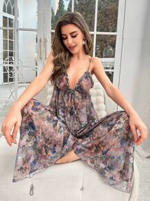 Conjunto de pijama con estampado floral y parte delantera con lazo de malla - Multicolor - Ver 3