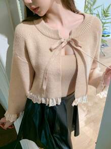 DAZY Lá sen tỉa Tie Trước Thả vai Cắt sửa áo lông cừu - Màu be - Xem 1