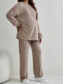 SHEIN Maternity Half Button Drop Shoulder Tee & Pants - Khaki - View 3