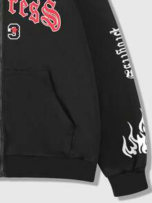 ROMWE MEN Goth Men Letter Graphic Zip Up Hoodie - Black - View 7