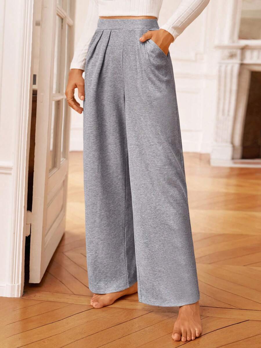 SHEIN Frenchy 素色斜口袋闊腿褲 - 灰色 - 查看 1