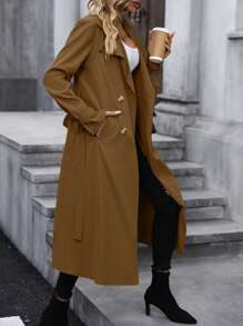 SHEIN LUNE Double Breasted Belted Trench Coat - Brown - View 5