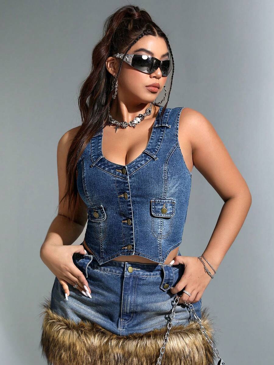 SHEIN ICON Plus Button Front Denim Tank Top - Blue - View 1