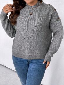 SHEIN LUNE 大碼紐扣細節小高領落肩袖套頭毛衣 - 灰色 - 查看 3