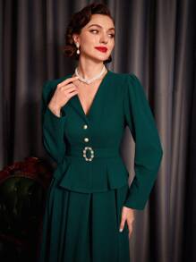 SHEIN DECDS Thanh lịch Vintage Của phụ nữ 2 Miếng Giáng sinh Màu xanh lá Ô dù Bộ váy - màu xanh lá - Xem 3