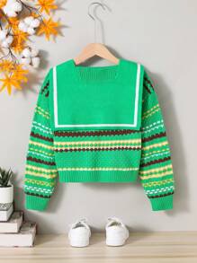 SHEIN Tween Girl Striped Pattern Sailor Collar Drop Shoulder Sweater - Green - View 2