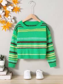 SHEIN Tween Girl Striped Pattern Sailor Collar Drop Shoulder Sweater - Green - View 3