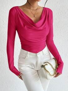 SHEIN Privé Draped Collar Ruched Tee - Hot Pink - View 6