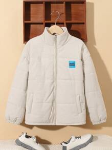 SHEIN Áo khoác Parka mùa đông chần bông dày có cổ đứng cho bé trai tuổi teen - Xám - Xem 3
