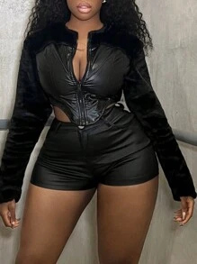 Slaydiva Asymmetrical Hem Contrast Patent Fuzzy Coat - Black - View 1