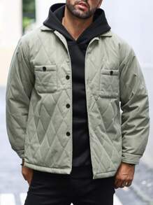 Manfinity Homme Men Flap Pocket Drop Shoulder Quilted Jacket - Army Green - View 3