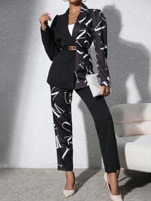 SHEIN Clasi 字母圖案西裝領西裝外套和褲子不附腰帶
