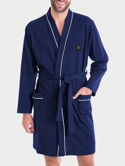 Men Contrast Binding Belted Lounge Robe, For Fall, Winter