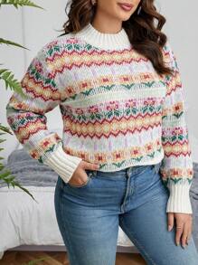 Calvaya Plus Geo Pattern Drop Shoulder Sweater Knit Pullover Fall Winter Sweater - Multicolor - View 6