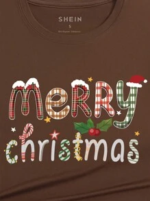 SHEIN LUNE 聖誕圖案T恤 - 棕色 - 查看 3